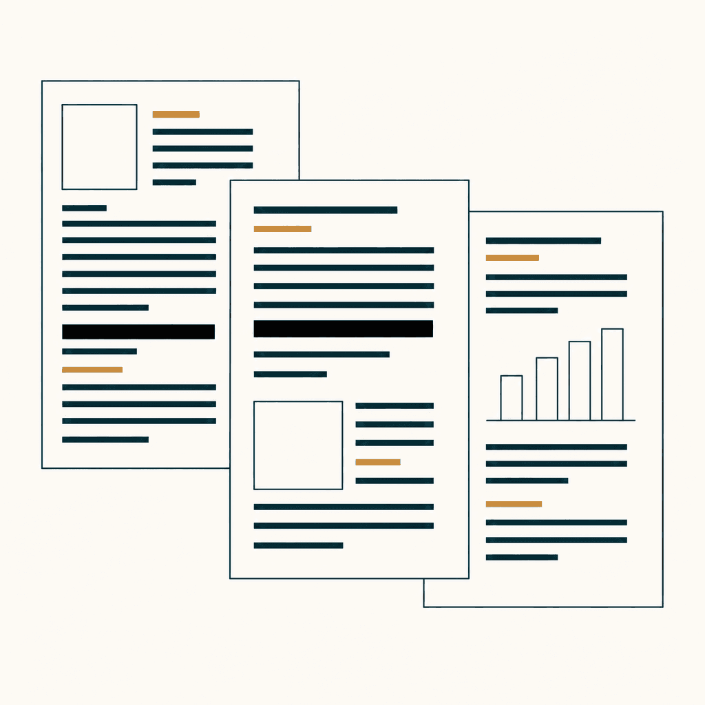 Three overlapping document pages drawn as flat outlines, with redacted bars and a small bar chart.